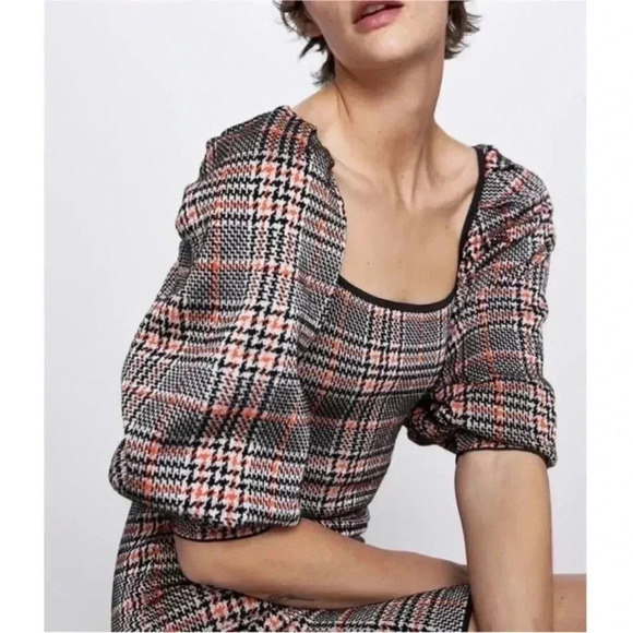 NWT Zara Bodycon Houndstooth Plaid Knit Dress Boat Halter Neck Black/Orange Sz L - Picture 3 of 16